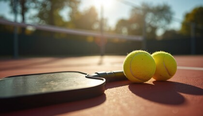 Pickleball paddle and two balls rest on an outdoor court. A net is visible in the background. The sun shines brightly casting shadows on the red surface.