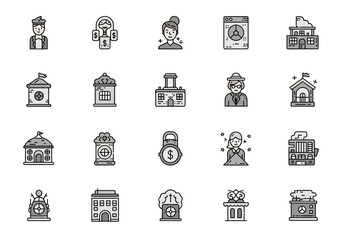 A grid of 20 black and white line icons depicting people and various structures