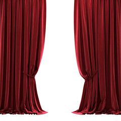 Crimson Theater Curtains: Elegant, deep red curtains, pulled back and tied, create an inviting opening. Capturing a sense of anticipation and drama. 