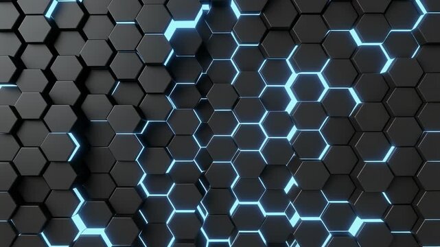 A close up of a dark gray hexagonal pattern with blue glowing lines between the shapes