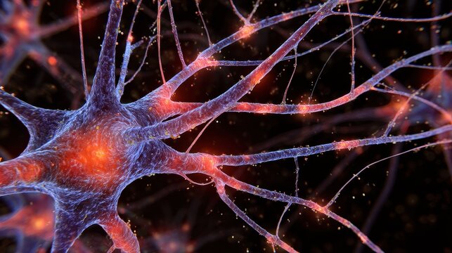 Neuron cells create complex connections in a neural network during cellular communication and signaling