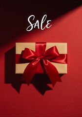 Elegant Gift Box with Red Bow and 'Sale' Script on Red Background - Holiday Promotion