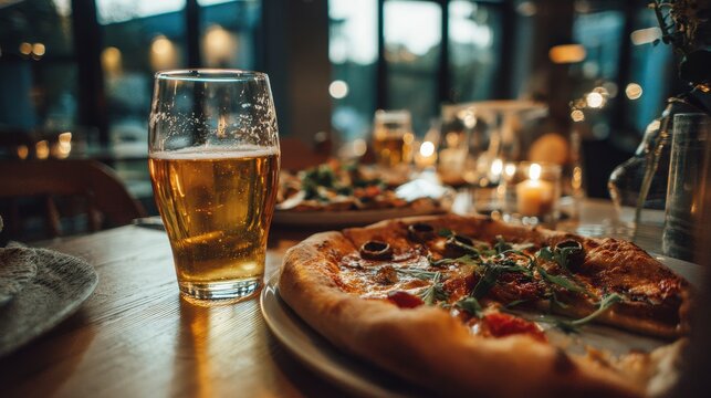 Enjoying a perfect evening with pizza and beer on a cozy dining table surrounded by warm candlelight - Powered by Adobe