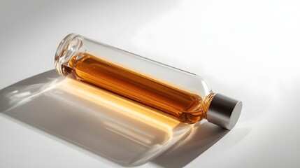 Elegant transparent bottle filled with amber cosmetic liquid resting on reflective surface under soft studio lighting, ideal for premium skincare branding visuals