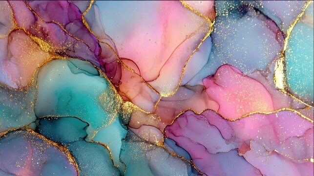 Abstract Fluid Art with Gold Veins in Pastel Hues - Powered by Adobe
