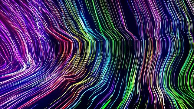 Abstract image of flowing, colorful lines on a dark background