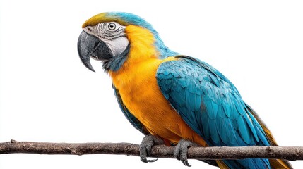 Fototapeta premium Vibrant blue-and-yellow macaw perched on a branch against a clean white background