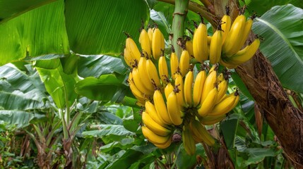 Ripe bananas hanging on a banana tree in a lush tropical garden with bright green leaves and a sunny atmosphere
