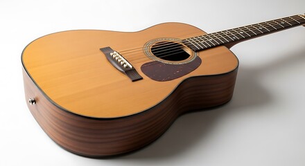 Obraz premium Wooden acoustic instrument with six strings and a dark pickguard.