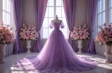 Lavander wedding gown on display with tulle skirt and beaded bodice. Floor length bridal dress features puff sleeves and ornate applique details. Styled with pink floral arrangements.