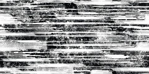 Glitch distorted grungy endless pattern . Cyber punk seamless pattern texture. Textured futuristic background . Glitched shapes with dots and lines .Screen print repeating pattern texture
