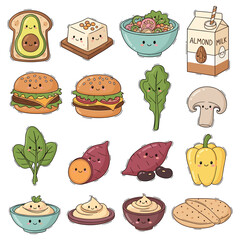 A charming collection of cute kawaii vegan food characters, featuring plant-based meals and healthy ingredients as fun stickers