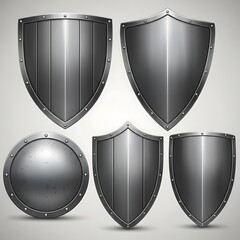 Several metal shields of different shapes and sizes are displayed.