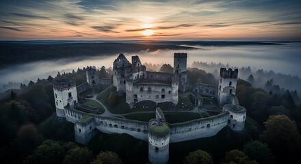 Ancient castle ruins stand on a hill amidst morning fog and sunrise.