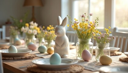 Easter table setting photo with pastel eggs flowers and bunny. Beautiful springtime holiday scene. Table decor with light colors. Festive family gathering in spring season with food.