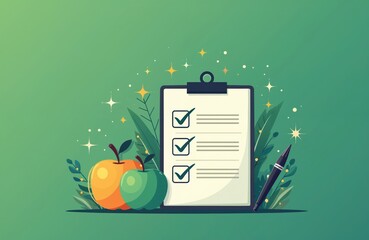 Fototapeta premium Checklist with apples and pen represents healthy food plan. Visual graphic shows meal prep goals. Organic ingredients are checked off list. Nutrition and wellness theme.