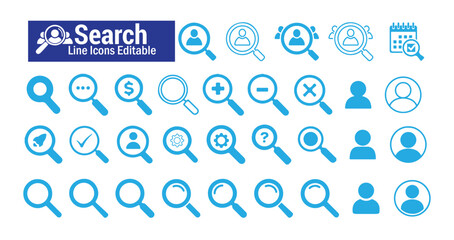 Search line icons editable set in a modern blue color isolated on a clean white background with various symbols