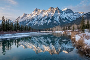 Fototapeta premium Stunning Rocky Mountain reflection in serene lake surrounded by lush trees and snow-capped peaks at sunset