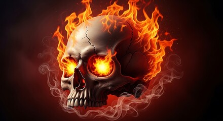 Fiery skull with glowing eyes and smoke emanates intense heat.