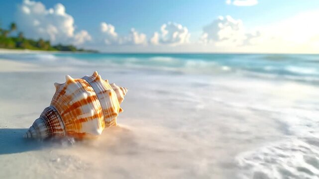 Oceanfront shell amidst foamy waves, a serene beach scene, inviting relaxation and tranquility