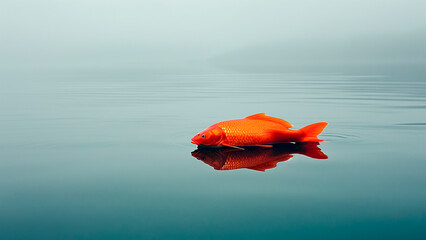 Obraz premium Bright Orange Goldfish on Calm Misty Water. Tranquil Nature, Solitude Concept, Water Reflection.