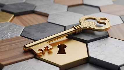 Unlock your dreams with this golden key resting on a stylish modern geometric background, promising success and opportunity ahead