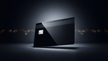 Sleek black credit card floating in sophisticated ambiance symbolizes financial power and modern banking solutions with contactless payment technology