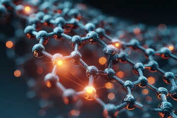 Detailed scientific representation of a graphene structure showcasing hexagonal lattice arrangement illuminated by glowing nodes