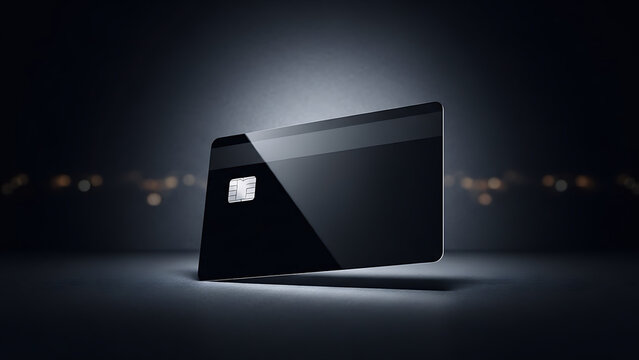 Sleek black credit card floating in sophisticated ambiance symbolizes financial power and modern banking solutions with contactless payment technology - Powered by Adobe