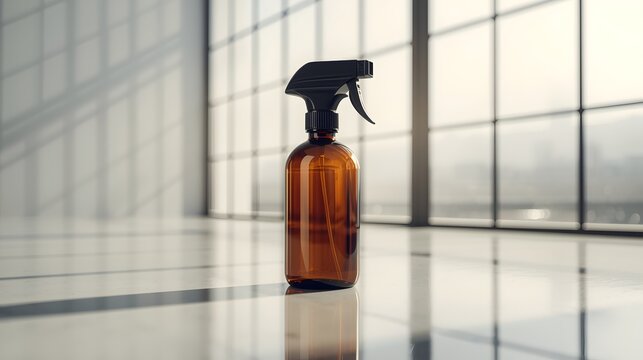 Amber glass spray bottle standing on a reflective surface in a bright industrial room with soft sunlight, highlighting minimalist cleaning and household aesthetics