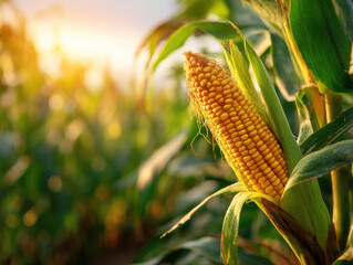 fresh and healthy corn on the cob at agriculture plantation corn field or maize field.