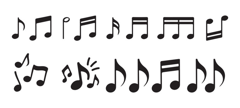 Various black musical notes for composing songs and melodies, flat design elements for audio concepts