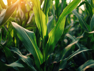 Fototapeta premium healthy green corn or maize leaves at agriculture plantation corn field beside agriculture farm.