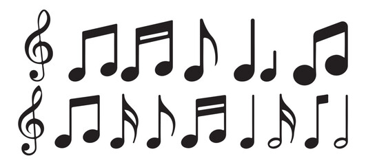 Black musical notes set for composing songs and melodies, flat design elements for audio concepts