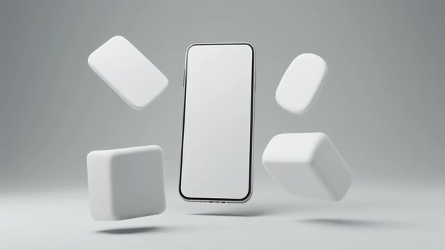 Floating smartphone with blank white screen surrounded by geometric shapes on gray background