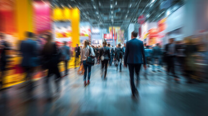 Dynamic Flow at the Expo: Silhouettes of Business Crowd in Motion Blur Along Blue Corridor, Capturing the Energy and Rhythm of a Large-Scale Trade Show