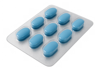 Blue pills in a blister pack for healthcare treatment, medicine dosage, pharmaceutical industry, and wellness support