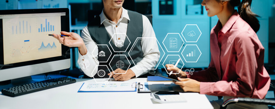 Working team meeting concept, business using laptop and smart phone and digital tablet computer with digital marketing media  in virtual icon