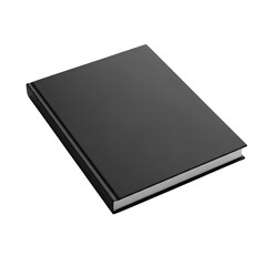Closed Black Hardcover Book on White Background Angled View.