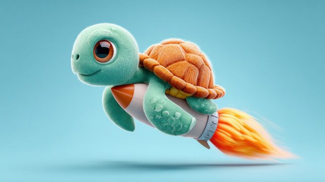 Cartoon turtle riding a rocket ship soaring through the sky with a bright flame