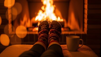 Cozy Person Relaxing by Fireplace Wearing Warm Socks in Living Room