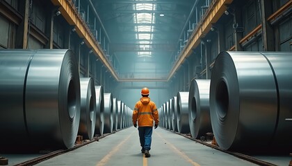 Worker in orange jacket and hard hat walks through industrial warehouse between huge metal coils. Manufacturing plant setting, heavy industry site, metal production facility.