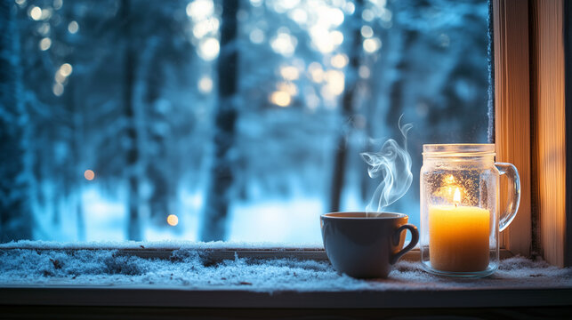 Blurred winter window background with snow and bokeh lights, cozy indoor atmosphere.