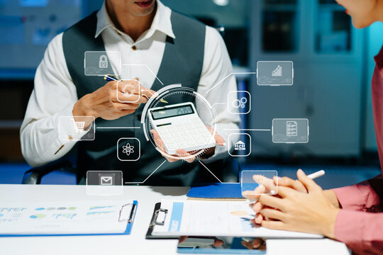 Working team meeting concept, business using laptop and smart phone and digital tablet computer with digital marketing media  in virtual icon