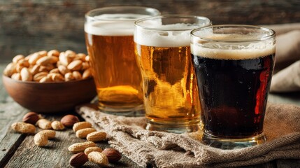 Three glasses of craft beer with nuts served on a rustic wooden table at a cozy pub