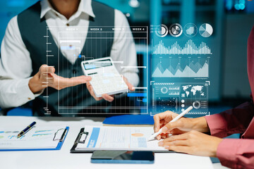 Businessman hand Project manager working and update tasks and Gantt chart scheduling virtual diagram.