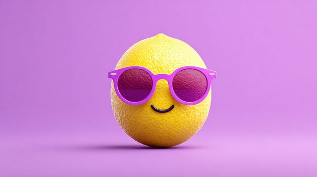 Fun lemon wearing sunglasses on a purple background, a cheerful and vibrant concept