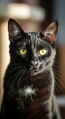 Black cat with striking yellow eyes looks intently forward.