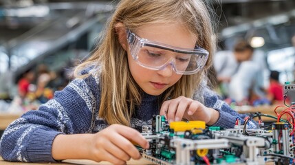 Focused young girl builds a robot at a future engineers workshop, showcasing creativity and problem-solving skills in a collaborative environment
