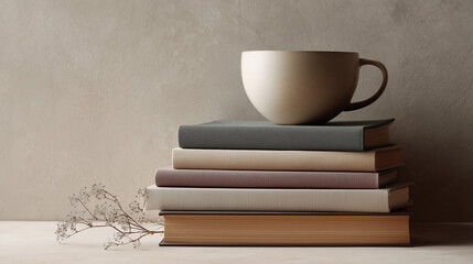 Minimalist still life of books and a cup on a neutral background with clean composition soft natural colors and modern realistic textures creating a cozy serene atmosphere